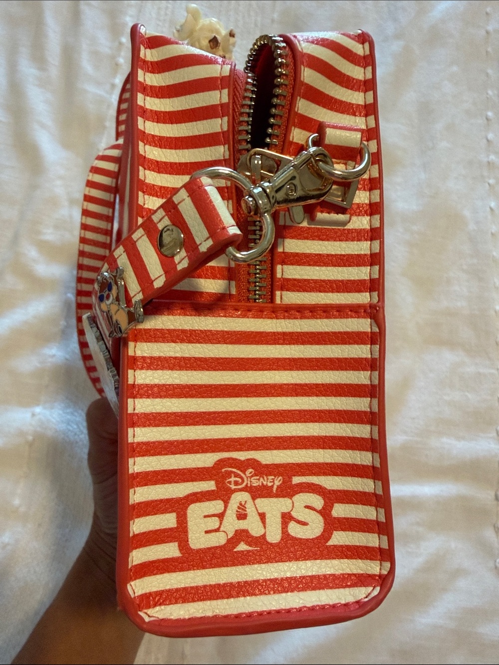 Disney Red Snack Print Crossbody with Striped Strap and Character Pin - Picture 6 of 9